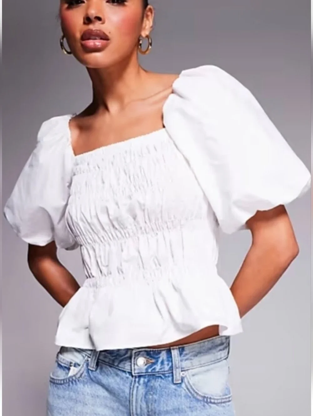 ASTR the label Savina white Smocked puff sleeve Boho Top Size Small Cotton